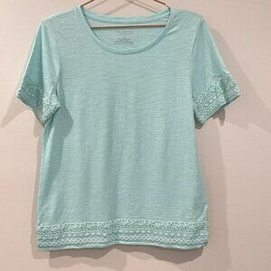 Talbots Petite Aqua Burnout Crochet Short Sleeve Shirt Size Small SP